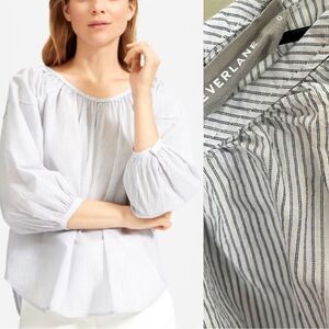 Everlane | The Ruched Air Blouse | White & Navy | 100% Cotton | Size 0
